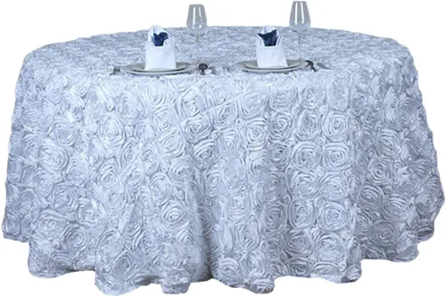 Vista 4 de Mantel de satén 3D con rosetas elevadas para fiestas, camino de mesa para bodas, fiestas, comedor, mantelería, manteles redondos de 47 pulgadas
