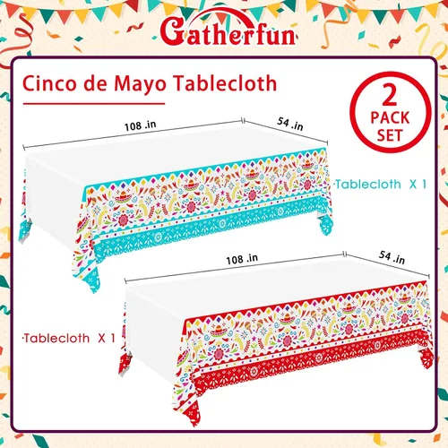 Vista 2 de Gatherfun Suministros para Fiestas y Decoraciones del Cinco de Mayo - Ultimate Paquete de 2 Suministros para Fiestas Mexicanas con Vibrante Mantel