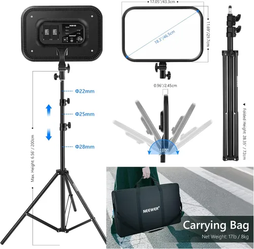 Vista 9 de NEEWER RGB168 Panel de Luz LED RGB de Video de 18.3" con Control de Aplicación, Kit de Soporte de Trípode de 2 Paquetes, 60W/360°