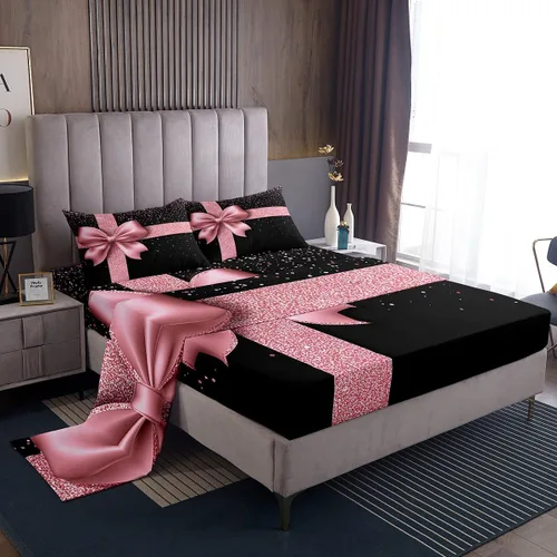 Vista 3 de Castle Fairy Juego de sábanas con lazo, juego de sábanas de diamante con purpurina para niños, juego de ropa de cama rosa y negro para niños