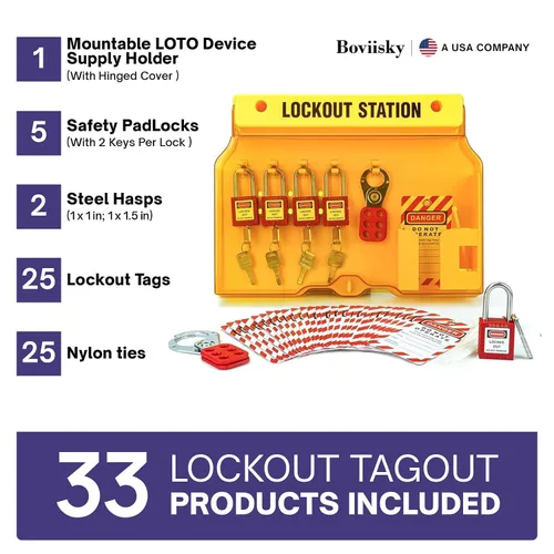 Vista 4 de Estación de etiquetado de bloqueo con dispositivos Loto – 5 candados de seguridad, 2 cerrojos, 25 etiquetas de bloqueo, 25 lazos de nailon, kit