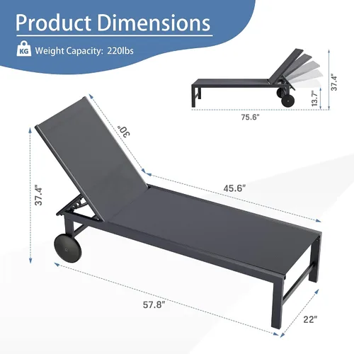 Vista 2 de QAQA - 2 tumbonas para exteriores con ruedas, silla de aluminio para patio con 5 posiciones ajustables para piscina, playa, patio, gris oscuro