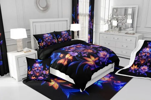 Vista 7 de Erosebridal Juego de ropa de cama de calavera gótica, flores mandala, mariposa hippie para niñas y niños, edredón de esqueleto de la muerte de Negro