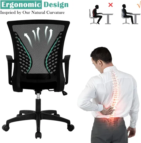 Vista 2 de Silla de oficina en casa, silla de escritorio ergonómica, respaldo medio, silla de computadora de PC con soporte lumbar y reposabrazos, silla
