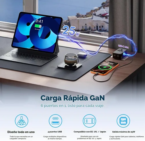 Vista 5 de Aura 25W GaN Adaptador de viaje universal ultrafino