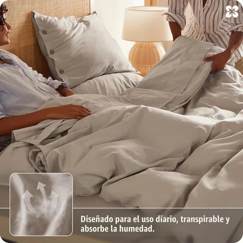 Vista 4 de Bedsure Funda de edredón de lino tamaño Queen – Juego de ropa de cama de mezcla de lino y algodón, suave y acogedor, 3 piezas, 1 funda de edredón