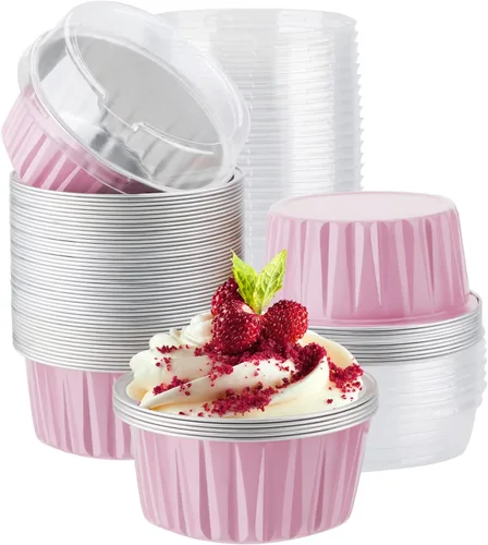 Vista 19 de EUSOAR Tazas de aluminio para hornear, paquete de 30 tazas de 5 onzas para cupcakes con tapas, moldes de pastel de 4.2 fl oz, flanes de postres