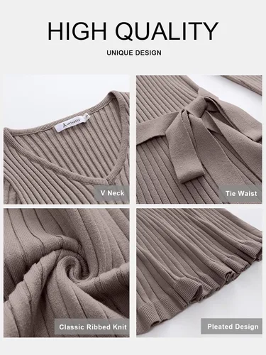 Vista 5 de ANRABESS Vestido tipo suéter de manga larga con cuello en V para mujer, plisado, ajustado, acanalado, de punto, con cinturón