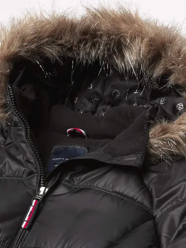 Vista 2 de Tommy Hilfiger Chaqueta acolchada pesada de longitud larga para niña con forro polar y capucha de piel sintética