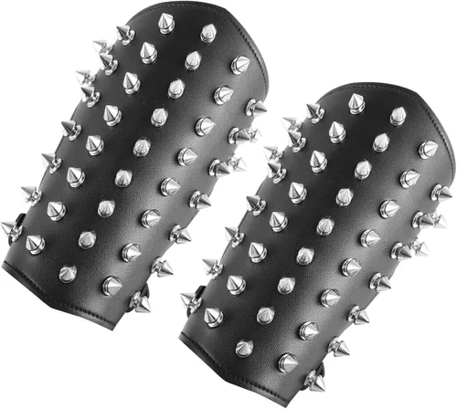 Vista 2 de HZMAN Brazaletes unisex de metal negro con tachuelas punk rock correa ancha de cuero para el brazo guantelete de muñeca puños armadura Negro