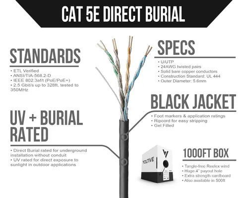 Vista 2 de Voltive Cable Ethernet Cat5e, entierro directo, relleno de gel, resistente a los rayos UV, negro, 1000 pies - 24 AWG, 4 pares de cobre sólido
