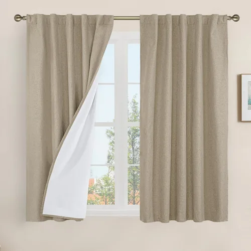 Vista 102 de LAMIT Cortinas opacas cortas de lino de 30 pulgadas para ventanas de cocina sobre el fregadero, cortinas de café texturizadas de lino marfil