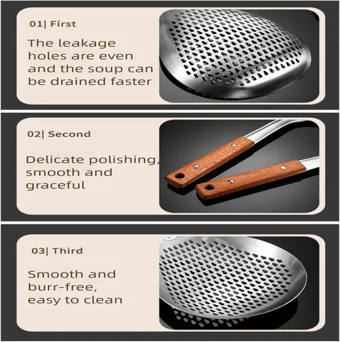 Vista 6 de Colador de araña de acero inoxidable con mango de madera para freír pasta, utensilios de cocina Small fine wire mesh strainer spoon, multipurpose