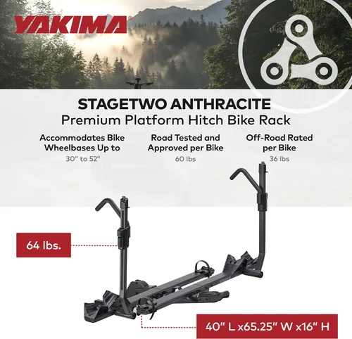Vista 4 de Yakima StageTwo - Portabicicletas de enganche de bandeja ajustable escalonada premium de 1.25 pulgadas para 4 bicicletas, se adapta a distancias
