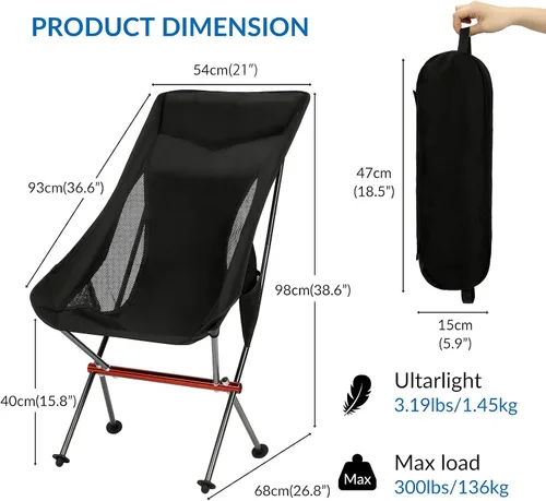 Vista 4 de SHALLWE Camping Chairs, All Aluminum Frame Portable Folding Camp Chair for Adults, Heavy Duty High Back Collapsible with Built-in Pillow, Side