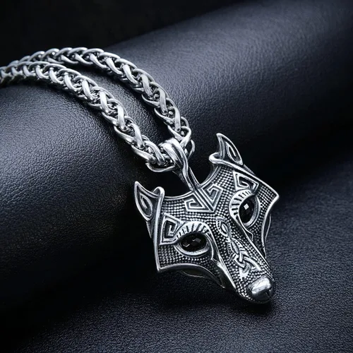 Vista 2 de BAVIPOWER Viking Fenrir - Collar con colgante de amuleto de cabeza de lobo para hombres y mujeres, collar escandinavo nórdico de acero inoxidable
