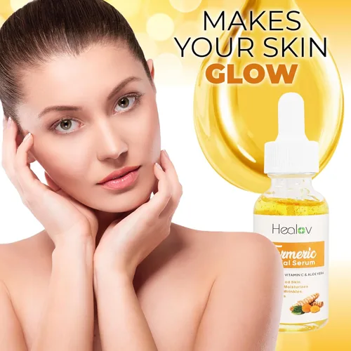 Vista 4 de Suero de cúrcuma para rostro y cuerpo – Suero iluminador de piel natural para manchas – Reparación facial de cúrcuma limpia la piel, combate el acné