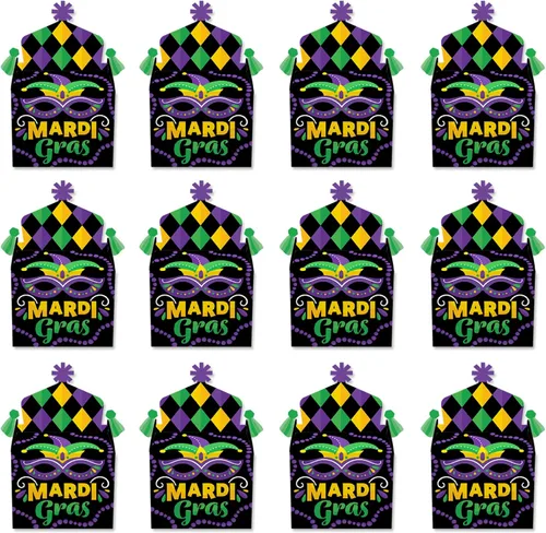 Vista 4 de Big Dot of Happiness Máscara colorida de Mardi Gras, caja de golosinas, recuerdos de fiesta, cajas de golosinas para fiesta de máscaras, juego de 12
