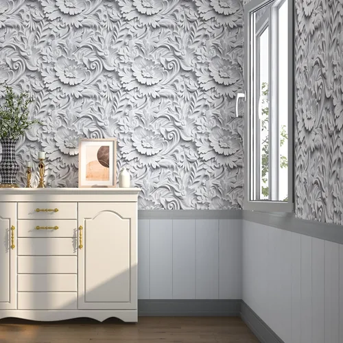 Vista 2 de Papel tapiz floral 3D de imitación para despegar y pegar, papel tapiz moderno de plasto de plástico con flores grandes, papel de contacto blanco