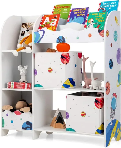 Vista 10 de HONEY JOY Organizador de almacenamiento de juguetes para niños, unidad de almacenamiento de madera con 2 cajas, estantería de exhibición para niños