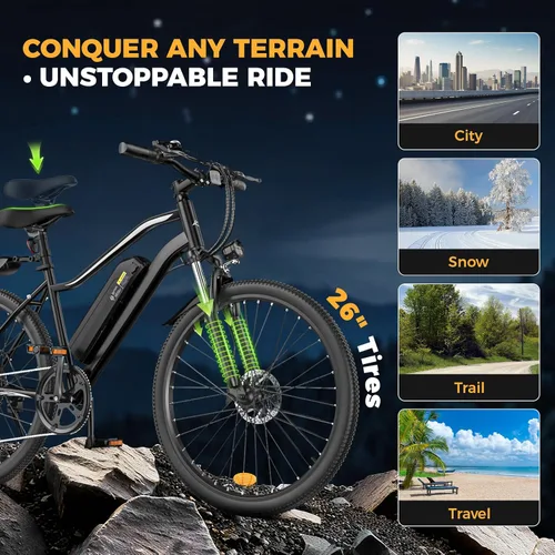 Vista 6 de Electric Bike for Adults 1500W 1000W Peak Motor 26" Tire Ebike Negro