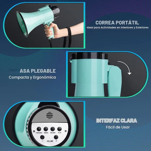 Vista 3 de Altavoz Megáfono Portátil de 30 Vatios con Voz, Sirena/Alarma y Grabación de 240S con Control de Volumen y Correa Verde azulado.