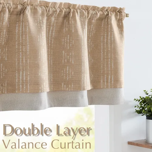 Vista 2 de Vangao - Cortinas de lino estilo bohemio para cocina, diseño rústico de granja, geométrico y a rayas, de doble capa, con bolsillo para varilla