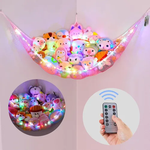 Vista 8 de Basumee Hamaca de animales de peluche con luz LED, organizador de red de juguetes de peluche, organizador de esquina para almacenamiento de animales