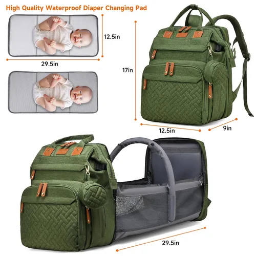 Vista 4 de ANWTOTU Mochila Bolsa para Pañales, Verde militar Mochila de viaje impermeable multifuncional con cambiador, estuche para chupete y correas