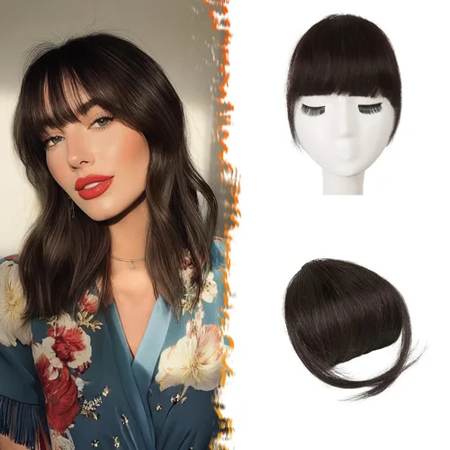 Vista 22 de BARSDAR Flequillo postizo de pelo humano real - Flequillo postizo 100% pelo humano para mujeres - Extensiones de flequillo ondulado castaño rojizo