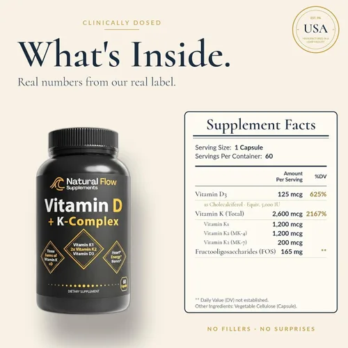 Vista 2 de Vitamina D3 de flujo natural con complejo K2 - 5,000 UI D3 + Complejo K completo (K1, MK-4, MK-7) + FOS - Apoyo óseo, corazón e inmunológico