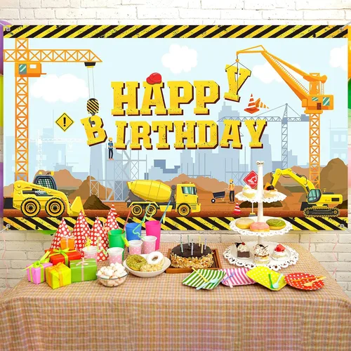 Vista 7 de Irenare Fondo de construcción feliz cumpleaños camión volquete fondo excavadora grúa fiesta de cumpleaños banner excavadora excavadora camión fondo