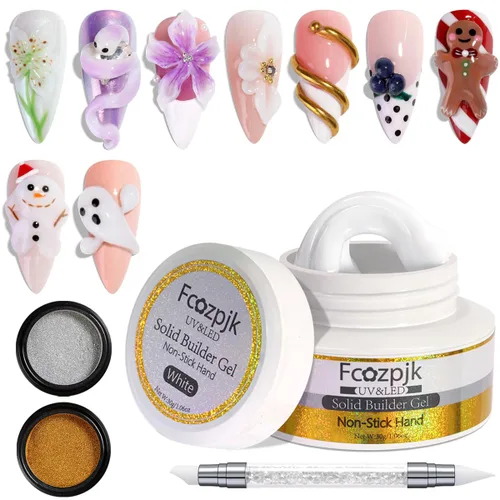 Vista 11 de Fcozpjk Gel constructor sólido de 30g para uñas y gel de esmalte de 15g, gel duro transparente no pegajoso para uñas con lápiz de tallado de Gel