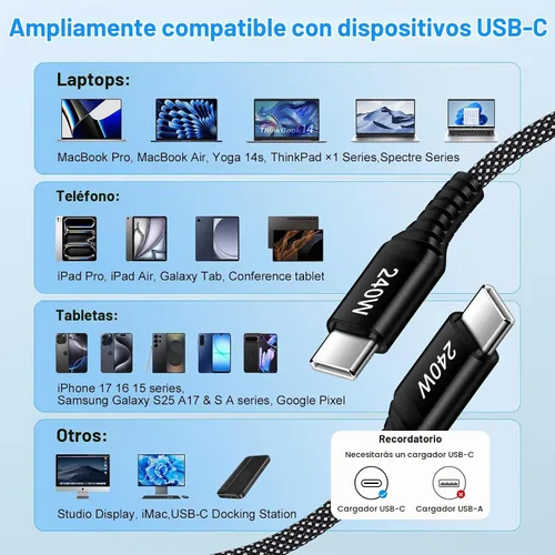 Vista 6 de Cable cargador para Samsung 6FT 240W USB C a USB C cable de carga súper