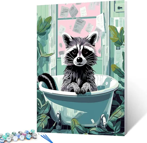 Vista 29 de Pintura por números para adultos, baño, animales, bricolaje, pintura al óleo digital, pintura acrílica, cebra, arte de pared, hojas verdes, bañera