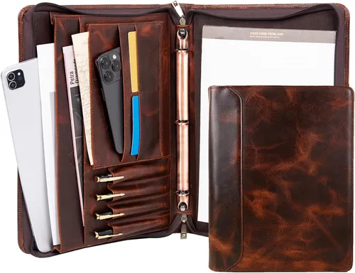 Vista 16 de Portafolio Personalizado de Cuero con Nombre Grabado, Organizador de Negocios Profesional con Cremallera para Hombres, Carpeta de Anillas