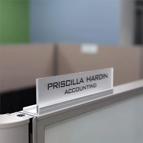 Vista 6 de Placa de identificación personalizada para cubículo de oficina. Soporte de aluminio moderno - 4 colores de placa (transparente transparente)