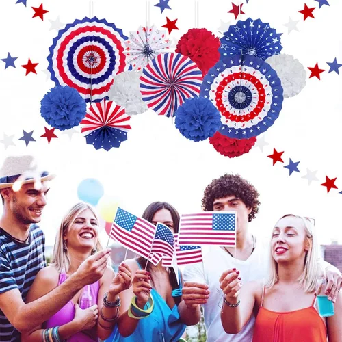 Vista 5 de MOVINPE Juego de decoraciones patrióticas para fiestas del 4 de julio, abanicos de papel para colgar con la bandera estadounidense, bolas de flores
