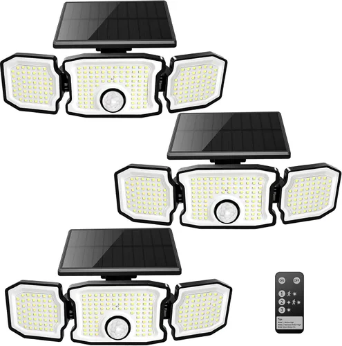 Vista 10 de Luces solares impermeables para exteriores, 2800 lm, 200 luces LED con sensor de movimiento, 3 cabezales y 3 modos de luces de inundación, luces