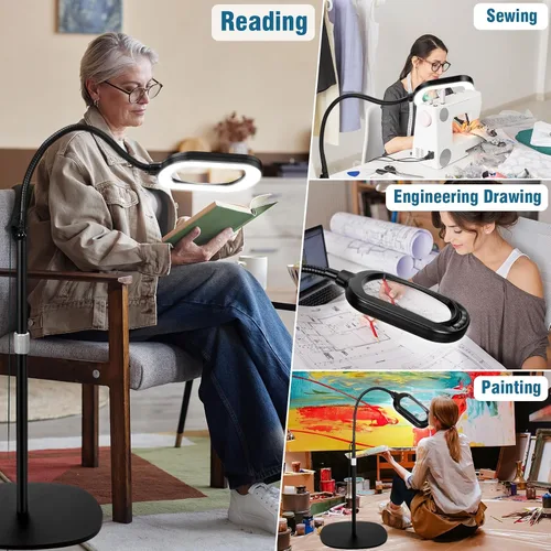 Vista 8 de Lupa grande con luz y soporte, lente de vidrio real óptico rectangular de 10X, lámpara de pie de lupa de cuello de cisne ajustable en altura, 5