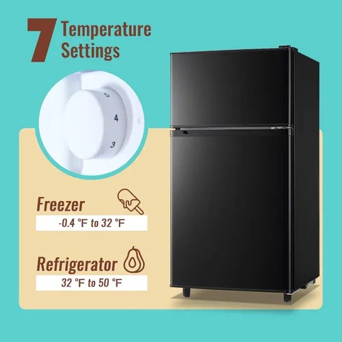 Vista 3 de WANAI Refrigerador pequeño con congelador de 3.5 pies cúbicos, mini refrigerador con congelador en la parte superior, doble puerta, pequeño Negro