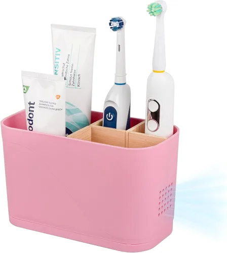 Vista 10 de Soportes para cepillo de dientes con drenaje para baños, soporte para cepillo de dientes de 4 ranuras con divisores de bambú, organizador de cepillo