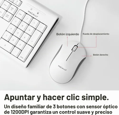 Vista 5 de Macally Combo de teclado y mouse Mac con cable USB de tamaño completo, compatible con teclado y mouse ergonómico Apple con atajos y teclado numérico