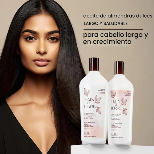 Vista 4 de Bain de Terre Champú largo y saludable con aceite de almendras dulces, fuerza y protección para cabello débil y dañado, con aceites de argán