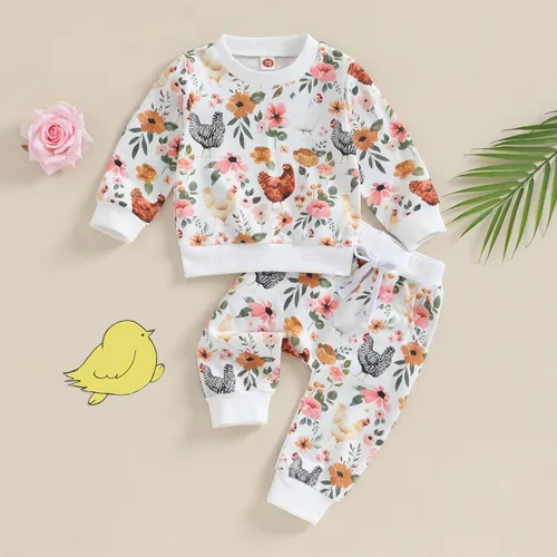 Vista 8 de Ropa de otoño para bebé, niña y niño, sudadera con cuello redondo y estampado de flores, pantalones largos, 2 piezas