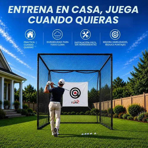 Vista 2 de YUNIC Jaula de práctica de golf con marco de metal - Elija objetivo de golpeo estándar o pantalla de impacto para simulador