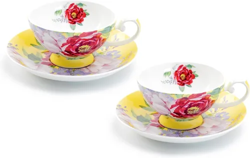 Vista 3 de Gracie Bone - Tazas y platillos de niebla de peonía de porcelana (morado)