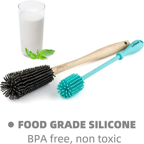Vista 4 de Juego de cepillos de silicona para botellas con mango de madera, cepillo de silicona y limpiador de popote para Hydro Flask, botella deportiva