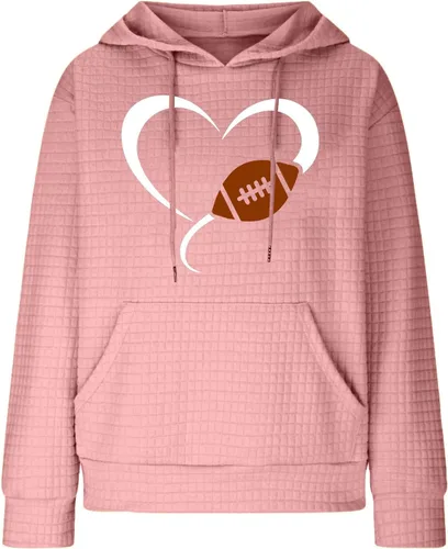 Vista 4 de Sudaderas con capucha de fútbol para mujer, manga larga, con estampado de corazón, con cordón ajustable, ropa de otoño informal y a la moda