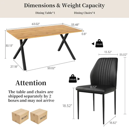 Vista 2 de HIPIHOM Juego de mesa de comedor de 5 piezas para 4-6 personas, mesa de cocina MDF de 63 pulgadas con 4 sillas tapizadas, patas de metal
